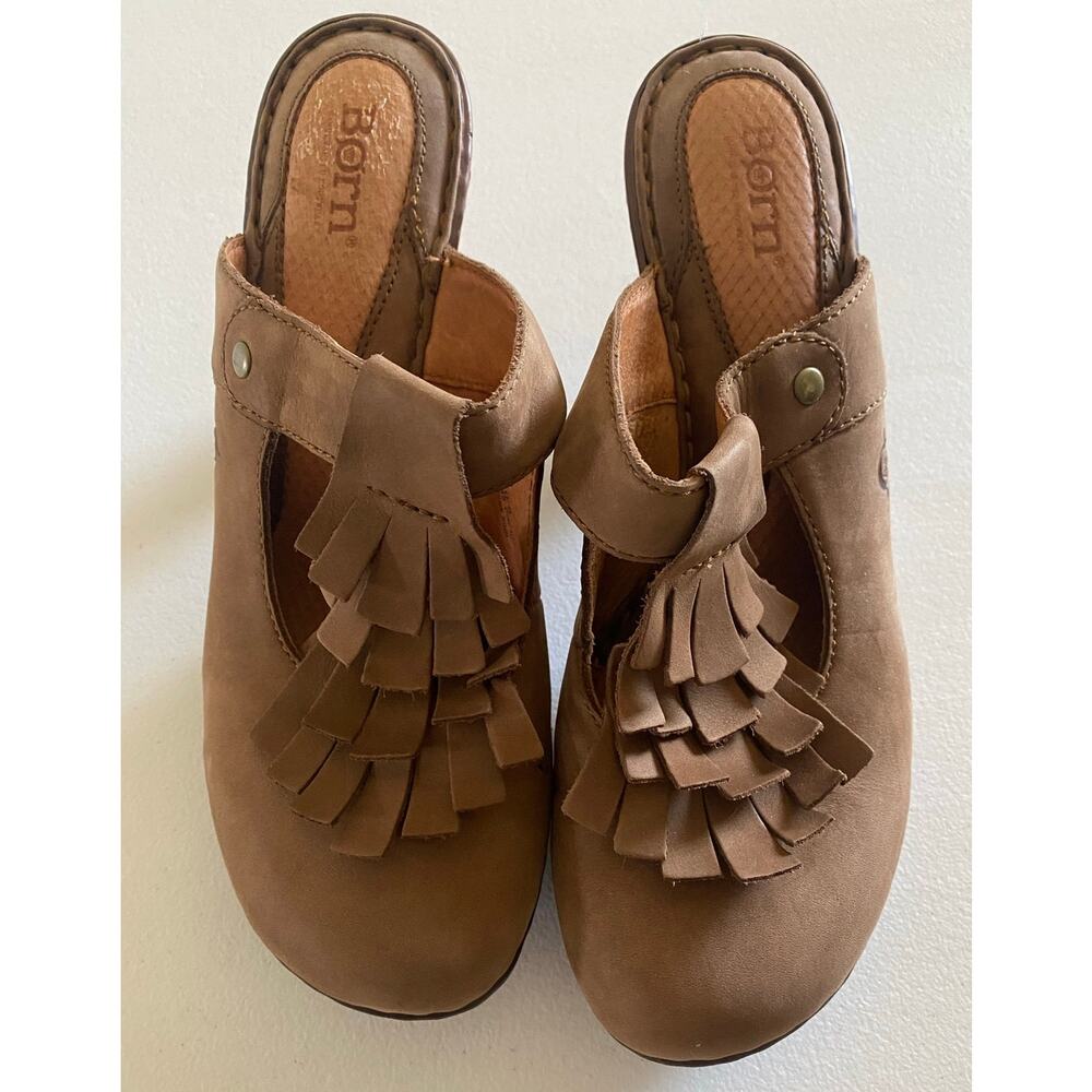 Born Suede Boho Fringe T-Strap Mules Heel Tan Size 9 Hippie Festival‎